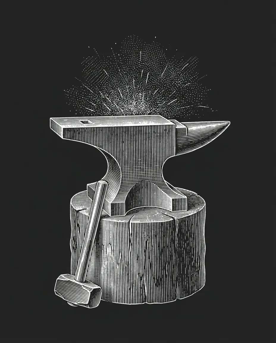 Copperplate engraving of a blacksmith's anvil on a stump with a forging hammer and sparks