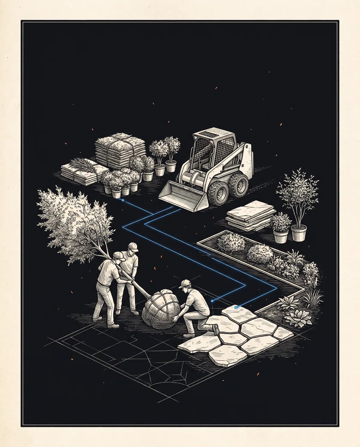 Living copperplate engraving of a landscape installation crew setting mature plants and stone to a site plan
