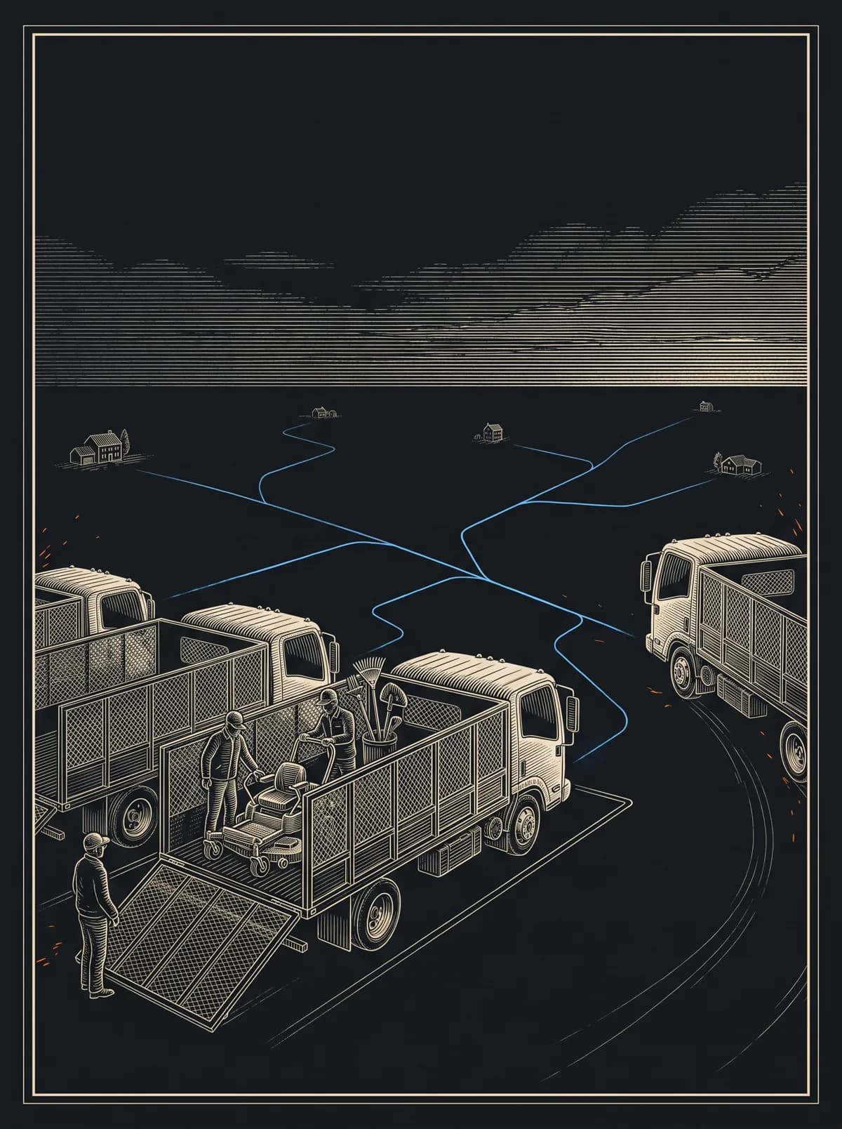 Engraved fleet of landscape trucks staged at dawn, crews loading equipment, with routes dispatched toward distant properties