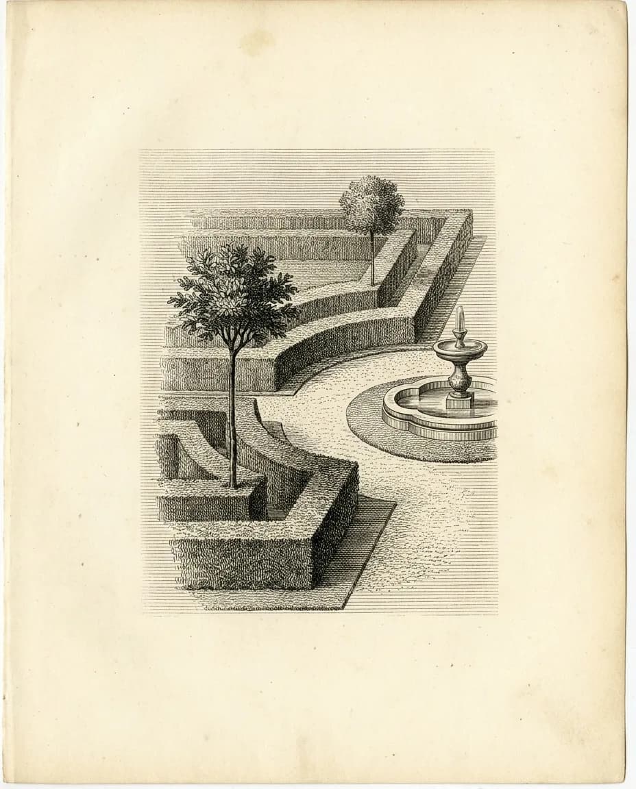 Copperplate engraving of a manicured estate garden with hedges and a fountain