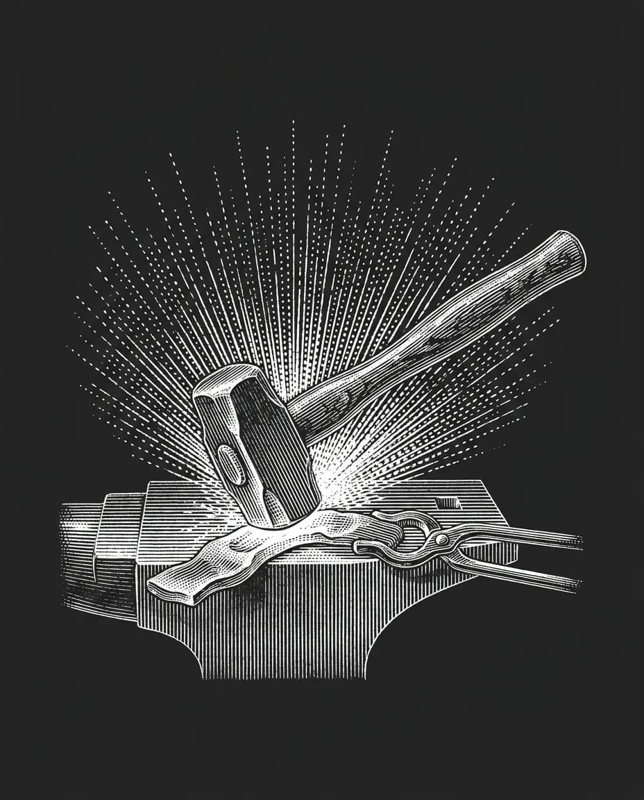 Copperplate engraving of a hammer striking hot steel on an anvil with sparks