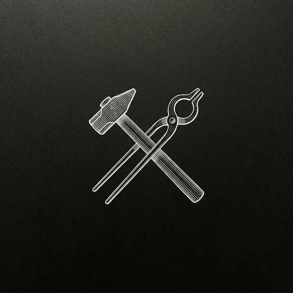 Engraved crossed hammer and tongs emblem