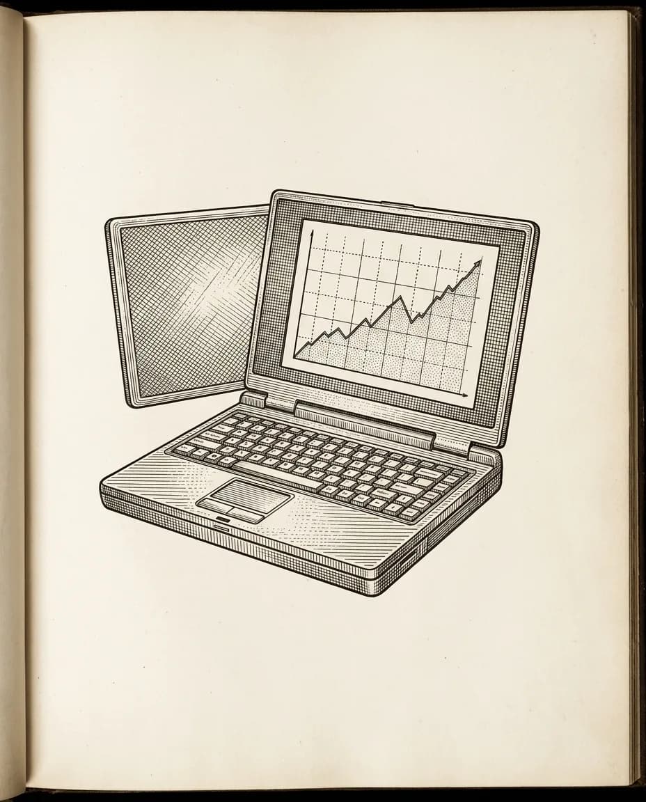Copperplate engraving of an open laptop reviewing the day's completed work
