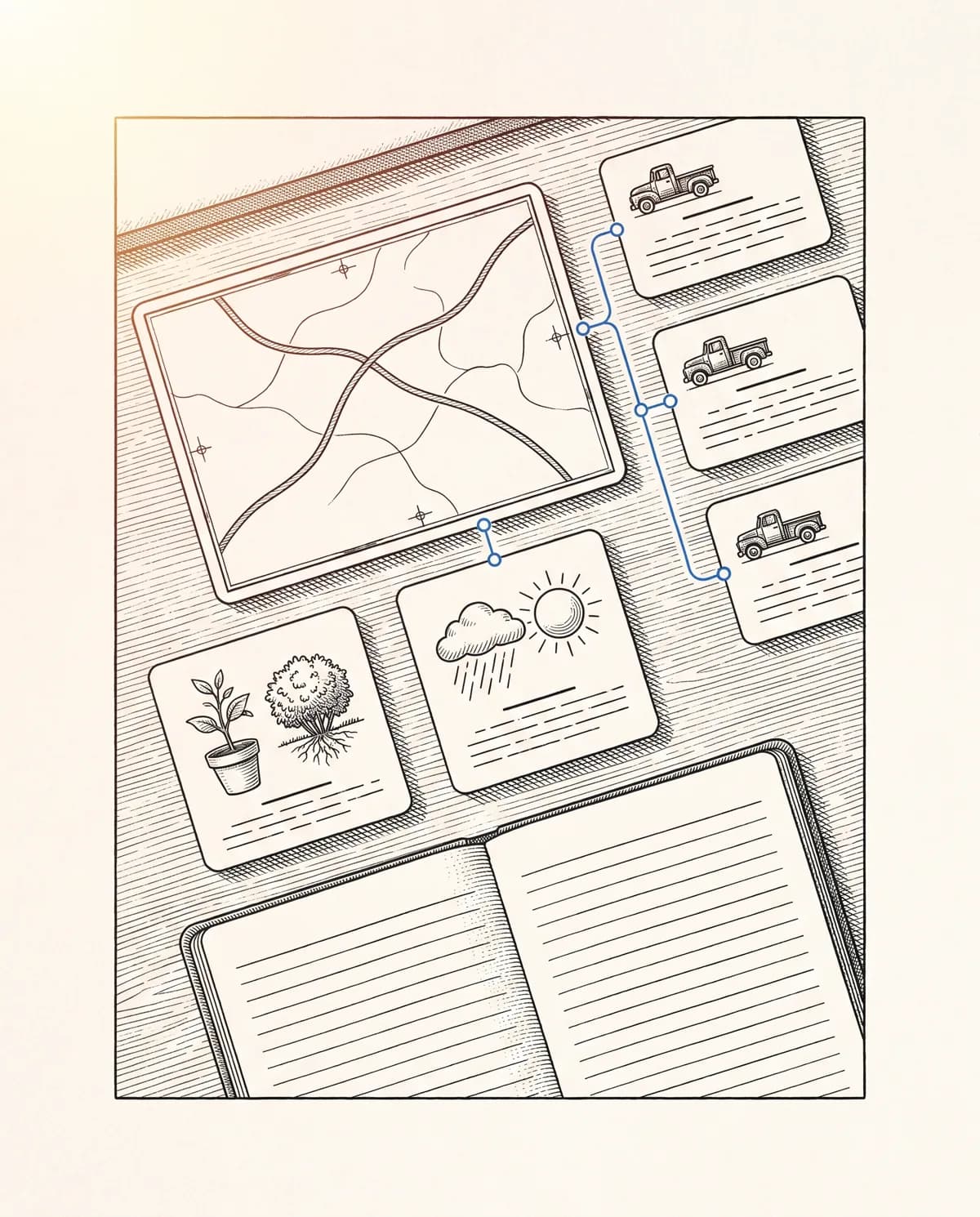 Engraved morning dispatch of route cards, crew assignments, weather, and materials laid out on paper