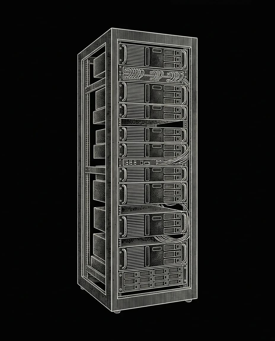 Copperplate engraving of a records cabinet holding the company's operating memory