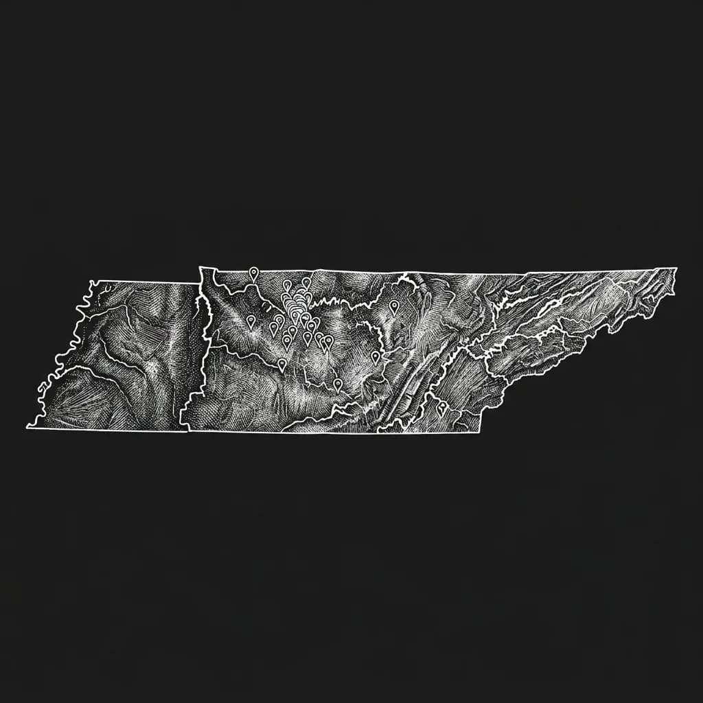 Engraved map plate of Tennessee with location pins clustered around Nashville