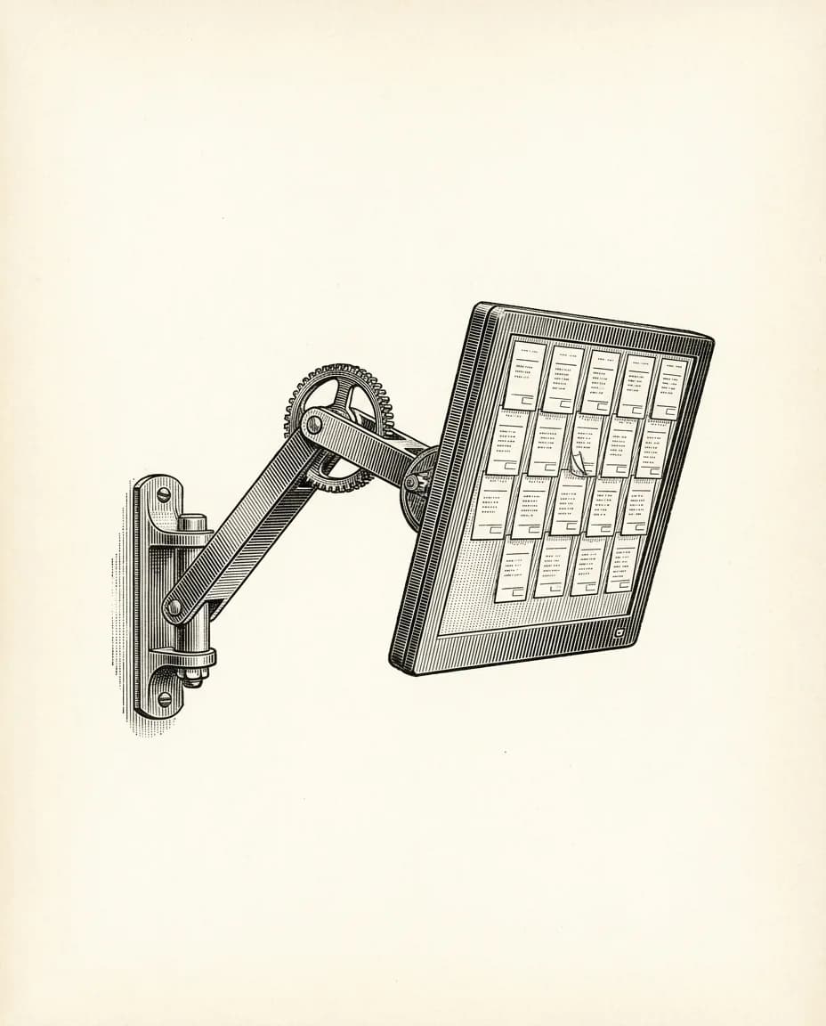 Copperplate engraving of a wall-mounted operations board showing the day's work cards